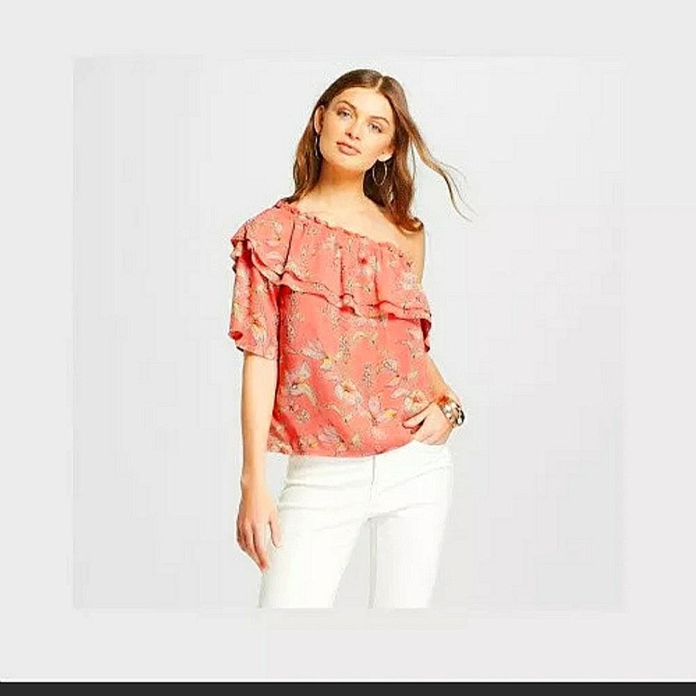 A New Day NEW Womens XXL 2X Peach 1 Shoulder Floral Shirt Blouse Top Shirt